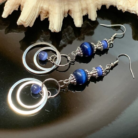 Royal Blue Cat's Eye Gemstone Beads Silver Hoop Handmade Pierced Earrings LR133 - Picture 5 of 5